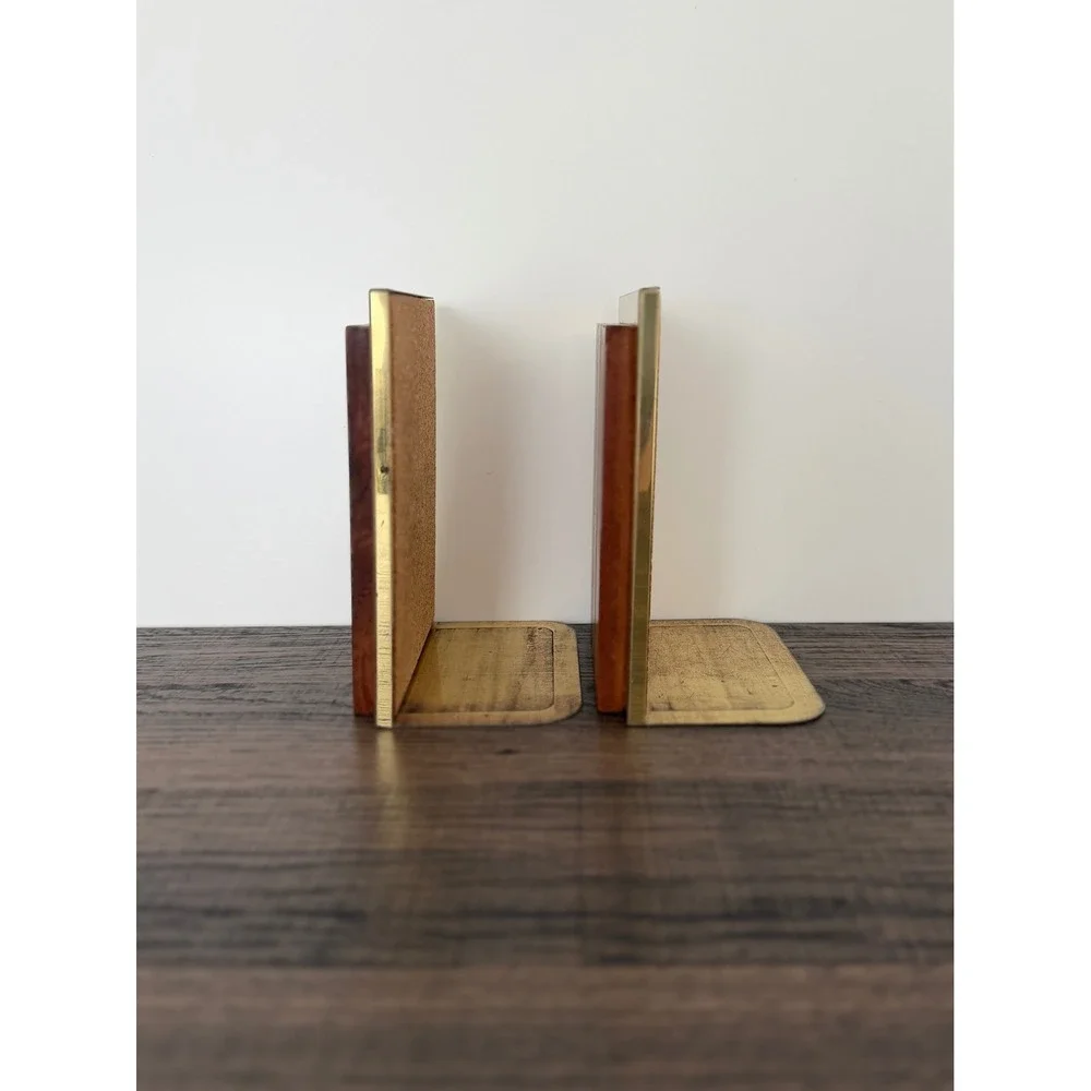 Vtg Park Sherman Solid Walnut Metal Bookends Mid Century Modern Minimalist Pair